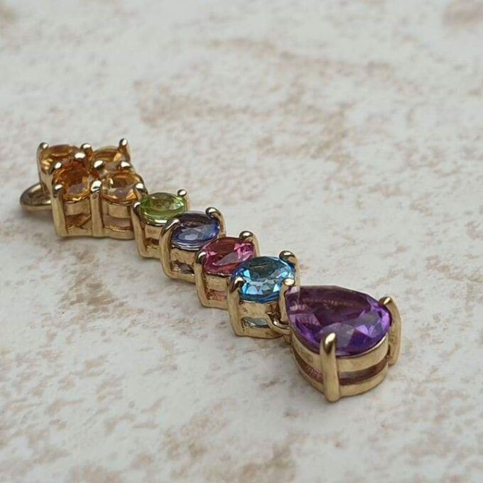 Reserved – Multi Stone Rainbow Drop Pendant in 9ct Gold