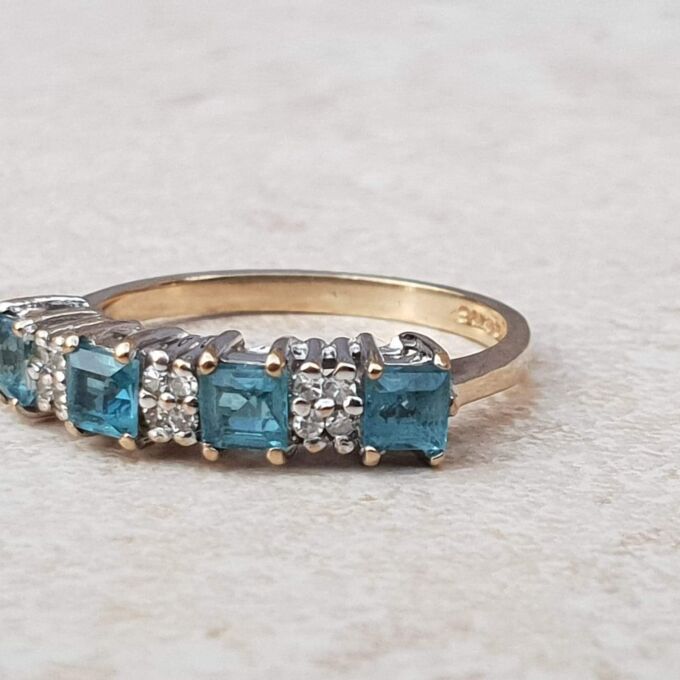 Bright Swiss Blue Topaz and Diamond Band in 9ct Gold, a UK J 1/2 or a US 5 1/4.