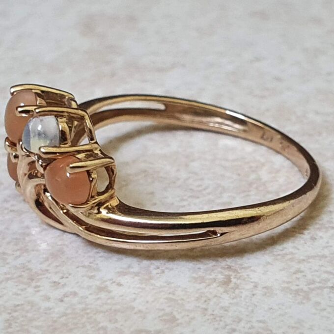Rainbow and Peach Moonstone Ring in 9ct Gold.