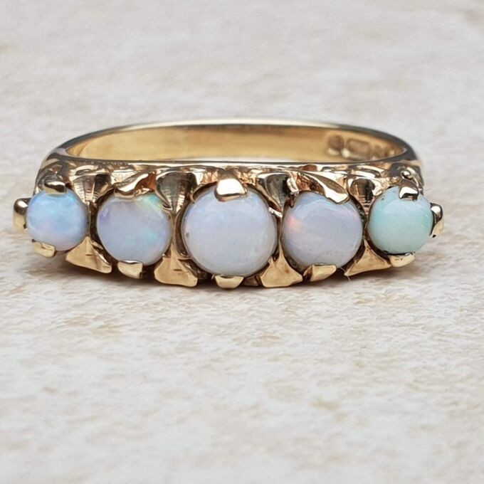 Five Stone Vintage Opal Ring in 9ct Yellow Gold, a UK N or a US 6 3/4 – 7.