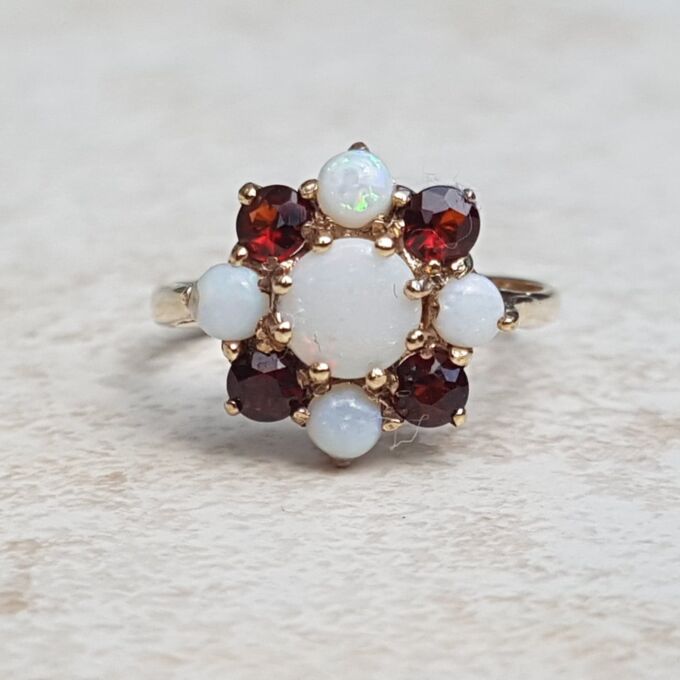 Opal and Garnet Cluster Ring in 9ct Yellow Gold, a UK J or a US 5.