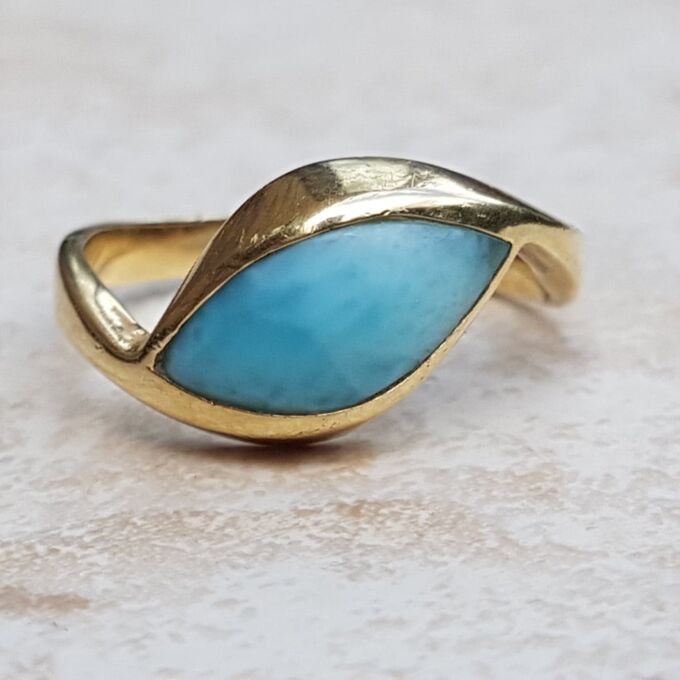 Unusual Modernist Larimar Ring in 9ct Gold, a UK O 1/2 or a US 7 3/4.