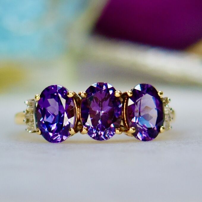 Three Stone Violet Spinel Ring in 9ct Gold