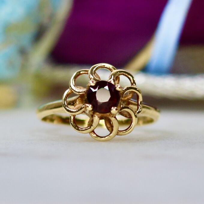 Fancy Set Garnet Solitaire Ring in 9ct Gold.