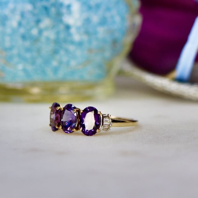 Three Stone Violet Spinel Ring in 9ct Gold