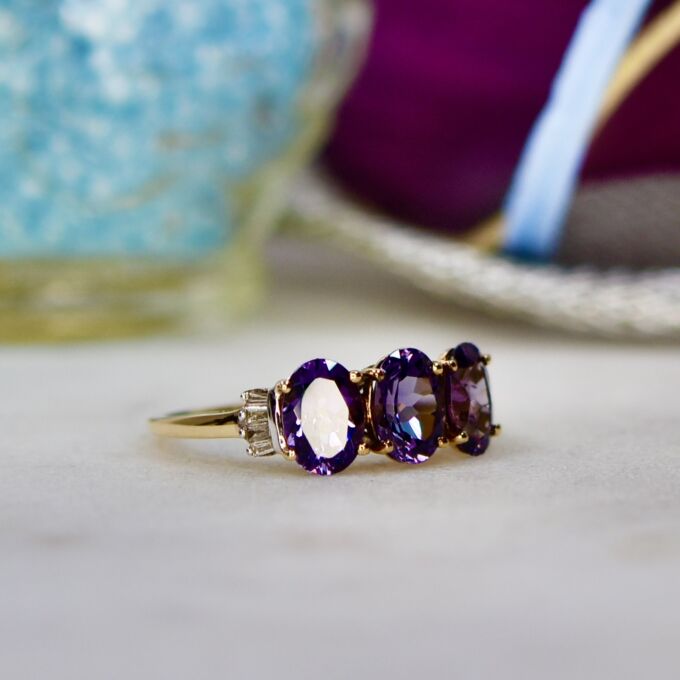 Three Stone Violet Spinel Ring in 9ct Gold