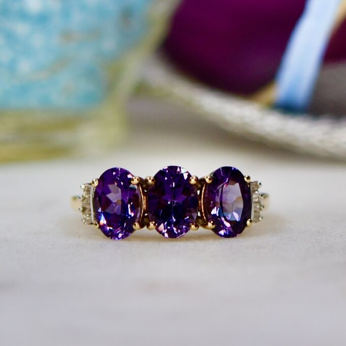 Three Stone Violet Spinel Ring in 9ct Gold