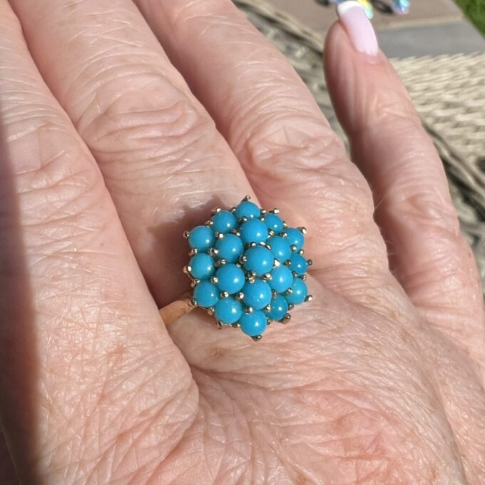 Faux Turquoise Statement Cluster Ring in 9ct Gold.