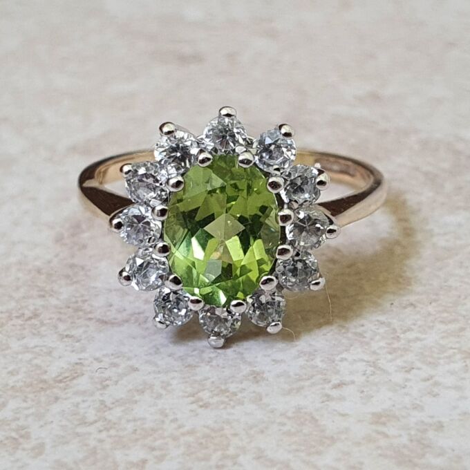 Peridot Green and White Cluster Ring in 9ct Gold.