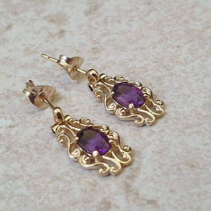 Ornate Amethyst Drop Earrings in 9ct Gold