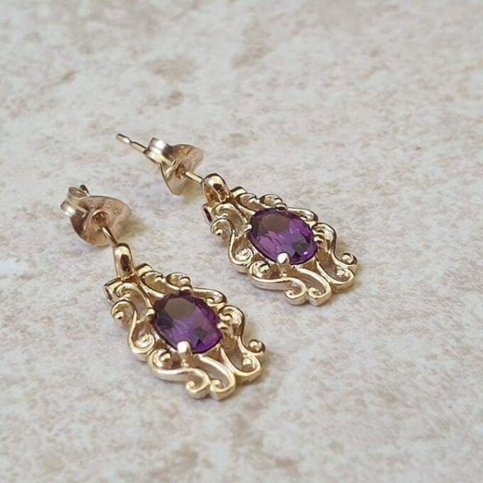 Ornate Amethyst Drop Earrings in 9ct Gold