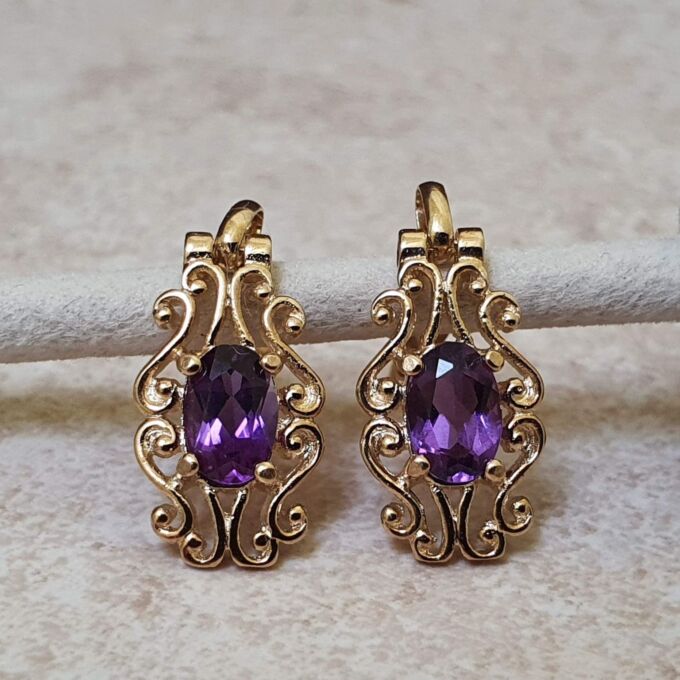 Ornate Amethyst Drop Earrings in 9ct Gold