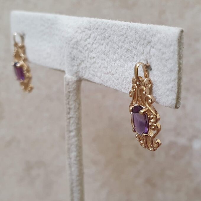 Ornate Amethyst Drop Earrings in 9ct Gold