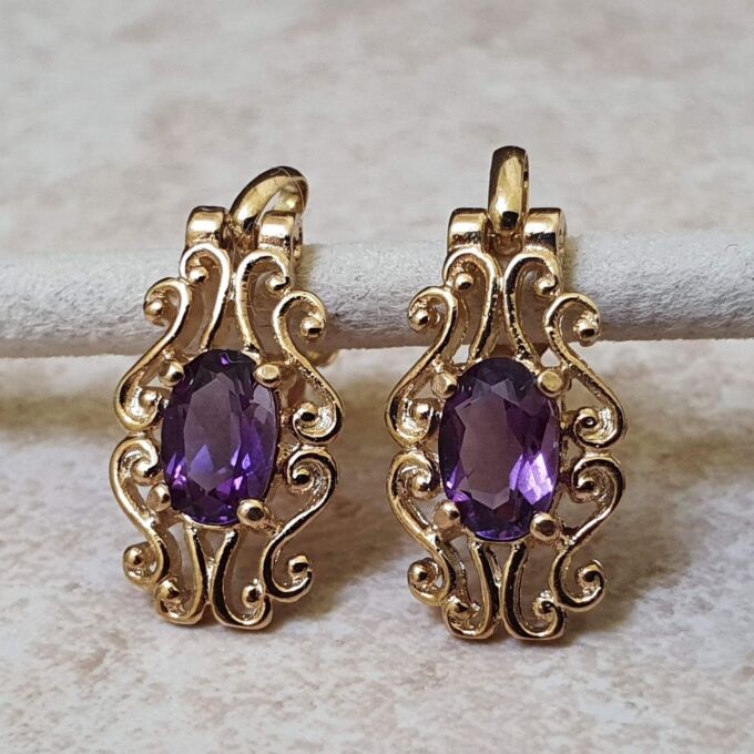 Ornate Amethyst Drop Earrings in 9ct Gold