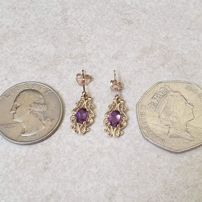 Ornate Amethyst Drop Earrings in 9ct Gold