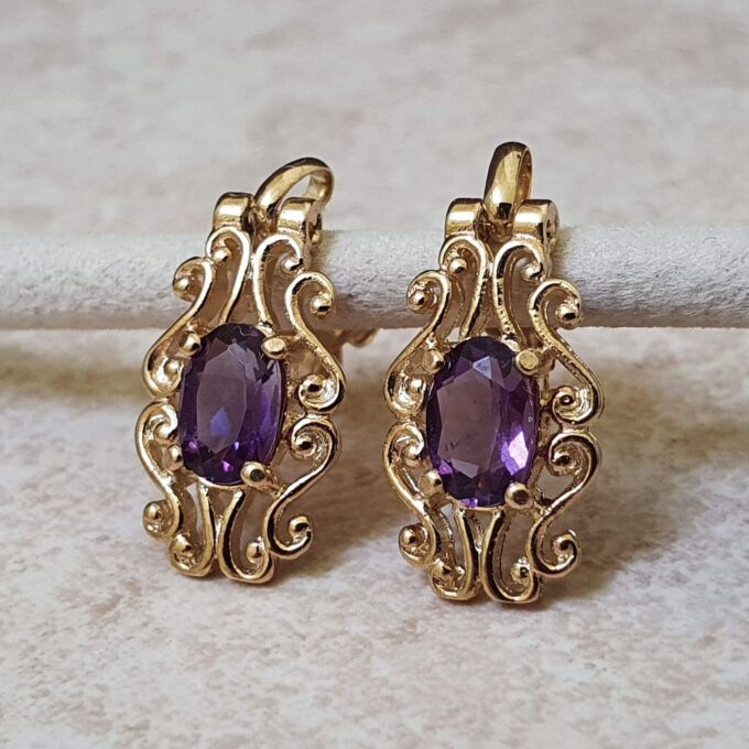 Ornate Amethyst Drop Earrings in 9ct Gold