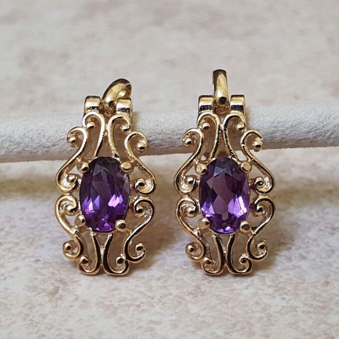 Ornate Amethyst Drop Earrings in 9ct Gold