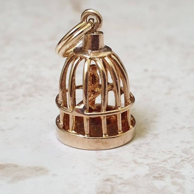 Bird In Birdcage Charm Pendant in 9ct Gold