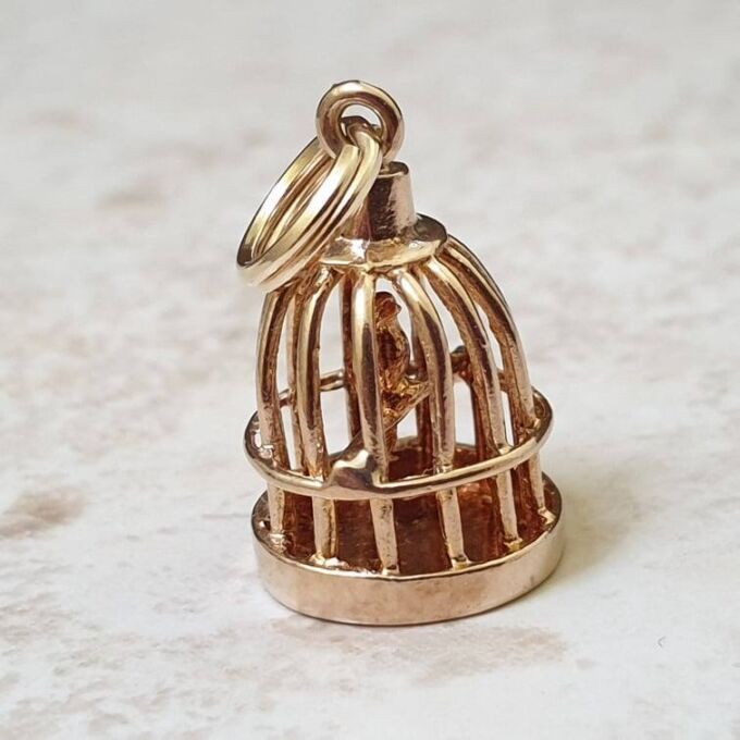 Bird In Birdcage Charm Pendant in 9ct Gold