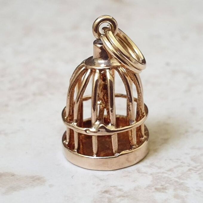 Bird In Birdcage Charm Pendant in 9ct Gold