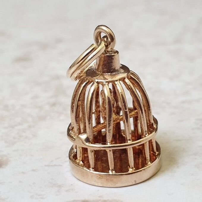Bird In Birdcage Charm Pendant in 9ct Gold
