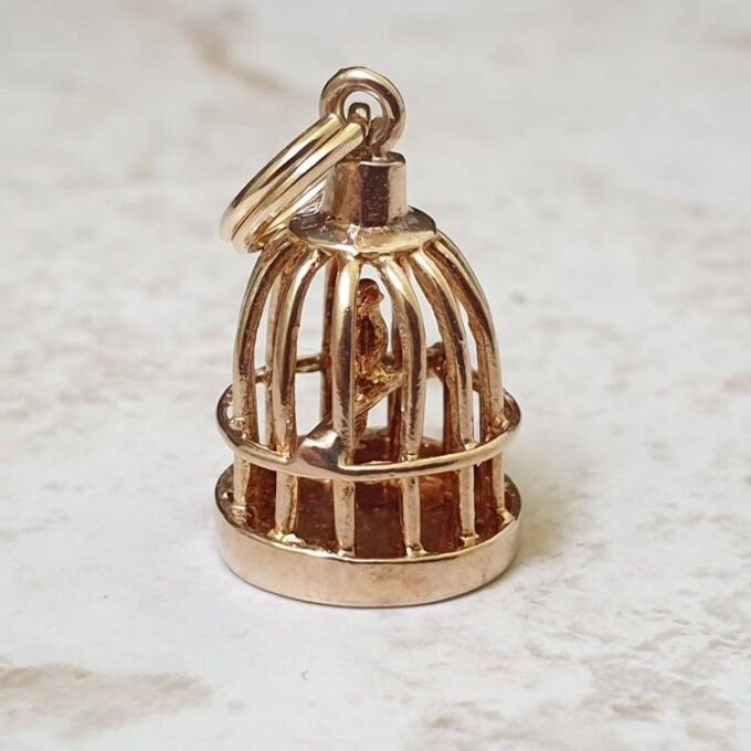 Bird In Birdcage Charm Pendant in 9ct Gold