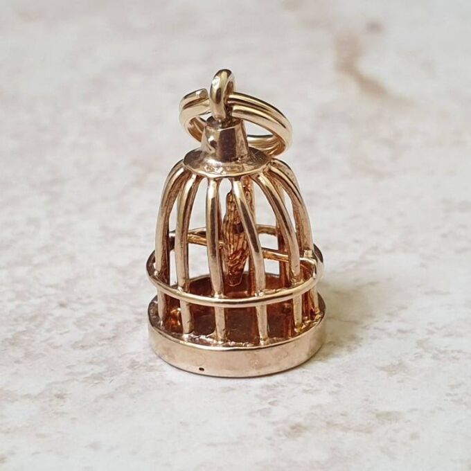 Bird In Birdcage Charm Pendant in 9ct Gold