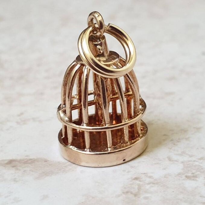 Bird In Birdcage Charm Pendant in 9ct Gold