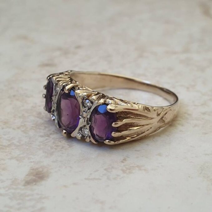 Three Stone Amethyst Ring in 9ct Gold