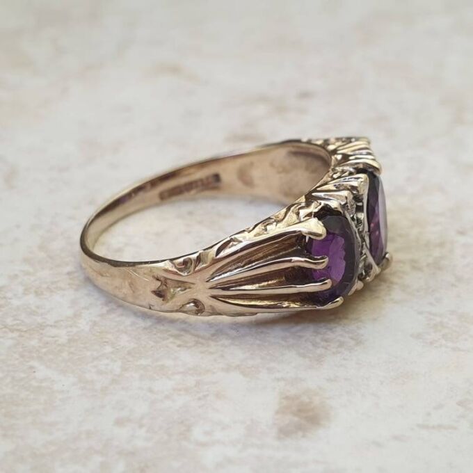 Three Stone Amethyst Ring in 9ct Gold