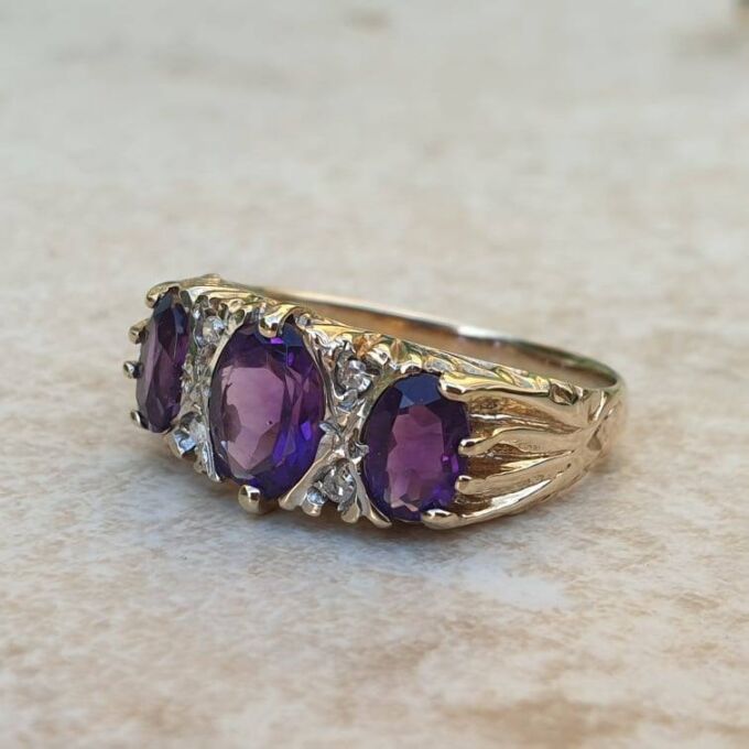 Three Stone Amethyst Ring in 9ct Gold
