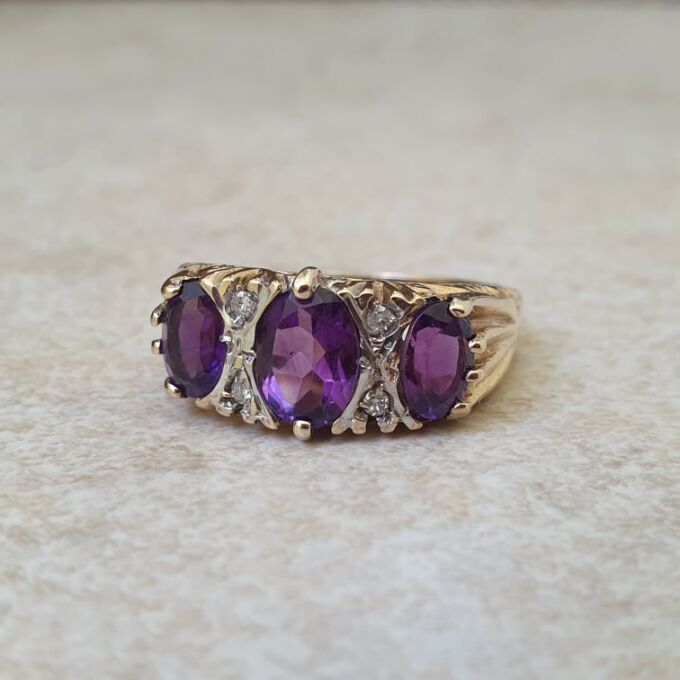 Three Stone Amethyst Ring in 9ct Gold