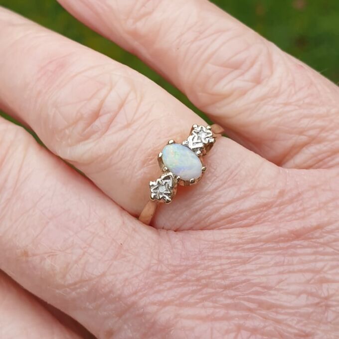 Reserved – Opal and Diamond Trilogy Ring in 9ct Gold