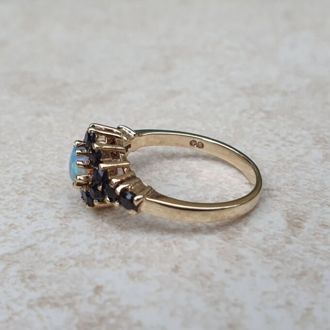 Opal and Sapphire Ring in 9ct Gold - Gems Afire - Vintage Jewellery UK