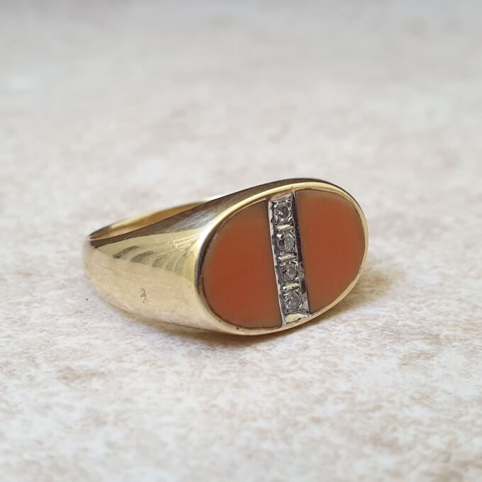 Coral and Diamond Signet Ring in 14ct Gold