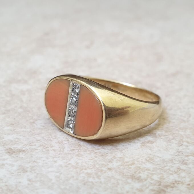 Coral and Diamond Signet Ring in 14ct Gold