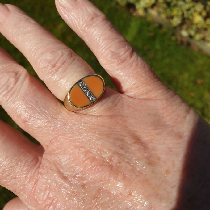 Coral and Diamond Signet Ring in 14ct Gold
