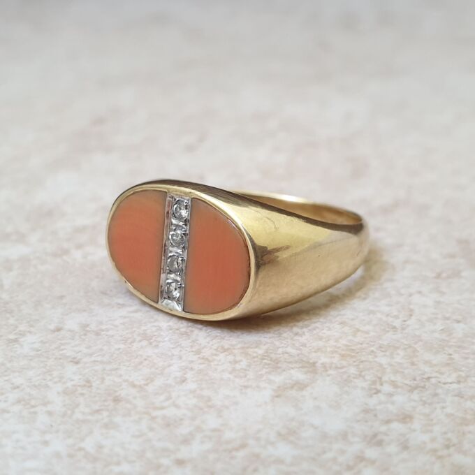 Coral and Diamond Signet Ring in 14ct Gold