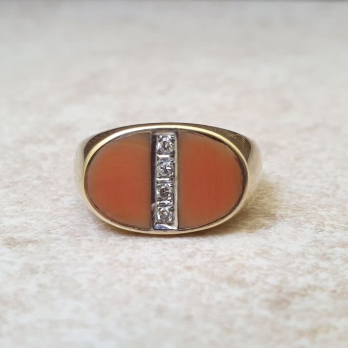 Coral and Diamond Signet Ring in 14ct Gold