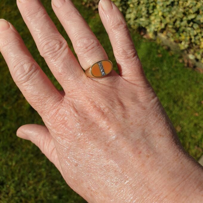 Coral and Diamond Signet Ring in 14ct Gold