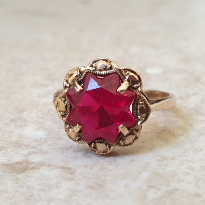 Fancy Synthetic Pink Ruby Ring in 9ct Gold