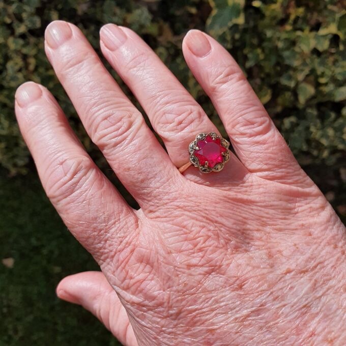 Fancy Synthetic Pink Ruby Ring in 9ct Gold