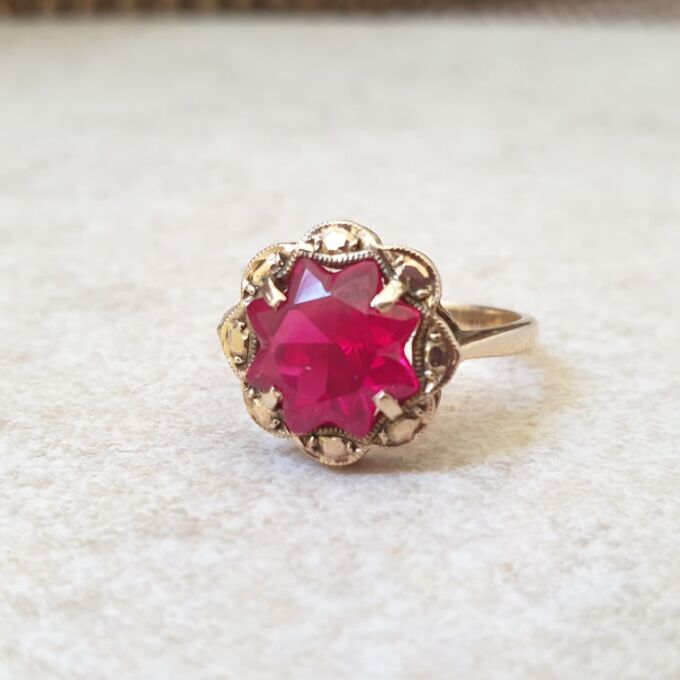 Fancy Synthetic Pink Ruby Ring in 9ct Gold