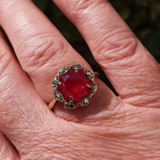 Fancy Synthetic Pink Ruby Ring in 9ct Gold