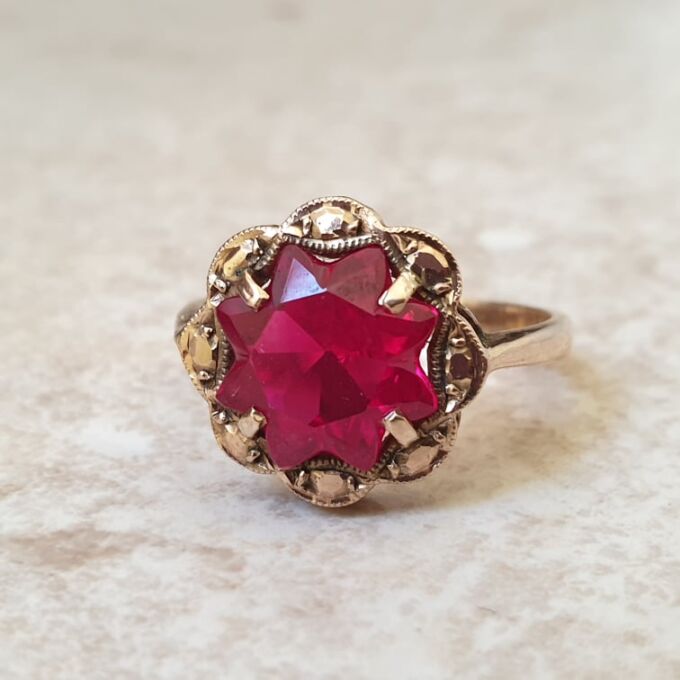 Fancy Synthetic Pink Ruby Ring in 9ct Gold