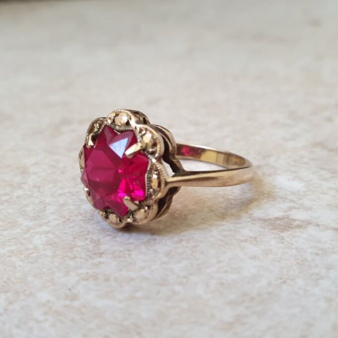 Fancy Synthetic Pink Ruby Ring in 9ct Gold