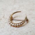 Antique Seed Pearl Crescent Moon Brooch in 15ct Gold