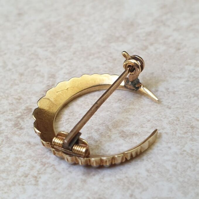 Antique Seed Pearl Crescent Moon Brooch in 15ct Gold