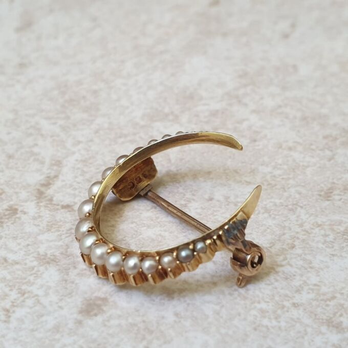 Antique Seed Pearl Crescent Moon Brooch in 15ct Gold