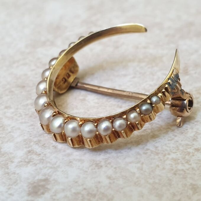 Antique Seed Pearl Crescent Moon Brooch in 15ct Gold